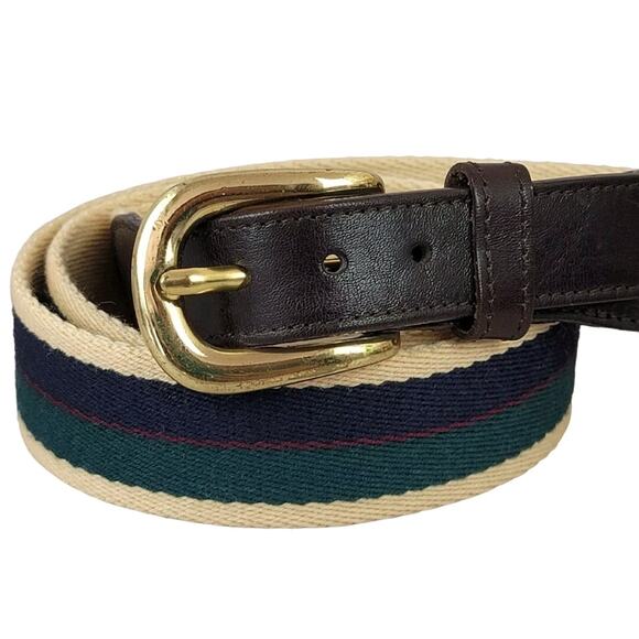 Mens Belt 40 Webbed Cotton Brahmin Leather Ends Brass Buckle Navy Green Burgundy - Picture 1 of 8